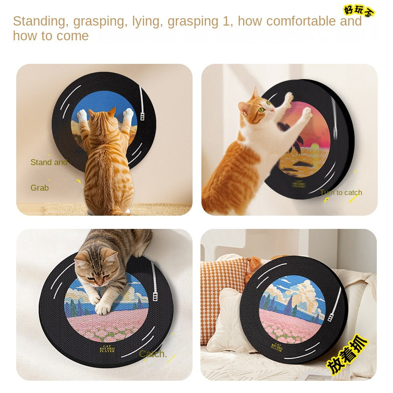 Original Corrugated Cardboard Cat Scratcher Wall-Mounted Rotating Vinyl Record Style Cat Scratch Board Oil Painting Design Cat Claw Board Gift