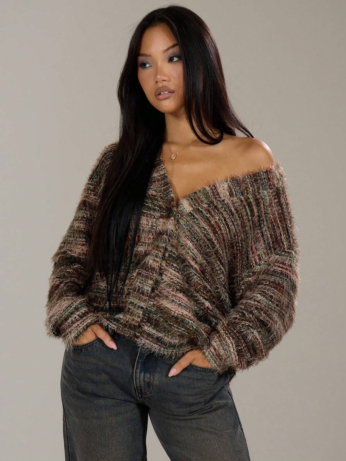 Fashionable Vintage Deep V-Neck Melange Fleece Long Sleeve Cardigan