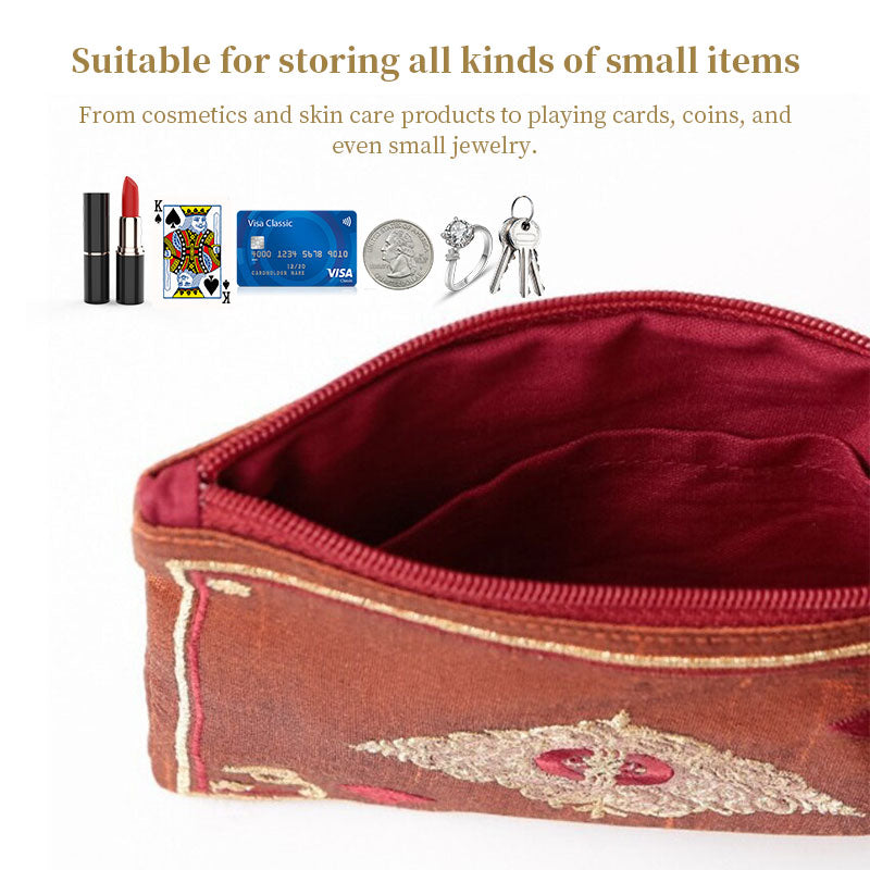 Japanese Playing Card Embroidered Cosmetic Bag, Ethnic Fringe Coin Purse Retro Storage Pouch